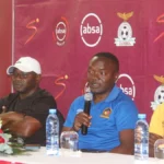 Power Dynamos coach Mwenya Chipepo (second from right) addressing the media during the 2023 ABSA Cup press conference at the ABSA house in Lusaka- (Picture by Chongo Sampa/BolaNews)