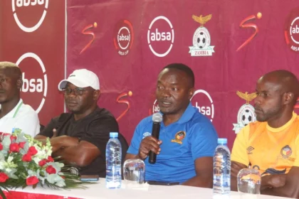 Power Dynamos coach Mwenya Chipepo (second from right) addressing the media during the 2023 ABSA Cup press conference at the ABSA house in Lusaka- (Picture by Chongo Sampa/BolaNews)