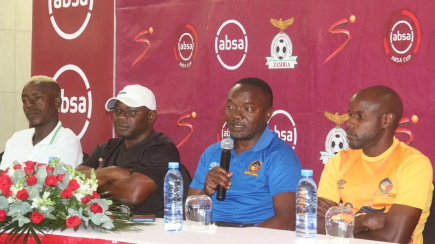 Power Dynamos coach Mwenya Chipepo (second from right) addressing the media during the 2023 ABSA Cup press conference at the ABSA house in Lusaka- (Picture by Chongo Sampa/BolaNews)