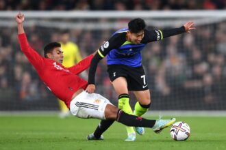19/10/22- Casemiro and Son Heung-min fighting for the ball in the Premier League at Old Trafford- (PICTURE via Premier League)