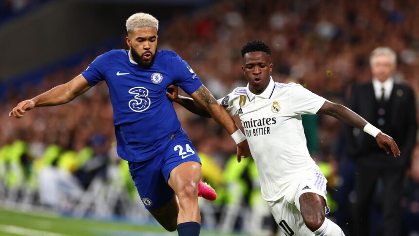 Reece James and vinicius jr fighting for the ball at the Santiago Bernabéu Stadium. (Picture via Chelsea FC)