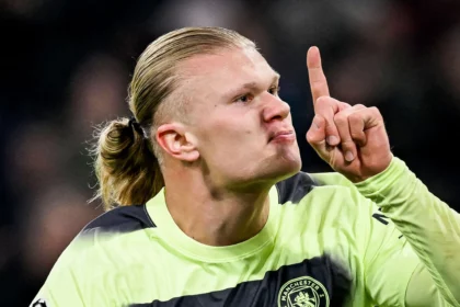 Erling Haaland celebrates his 48th goal of the season at Allianz Arena in Munich- (Picture via Bleacher Football)