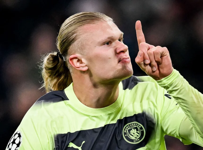 Erling Haaland celebrates his 48th goal of the season at Allianz Arena in Munich- (Picture via Bleacher Football)