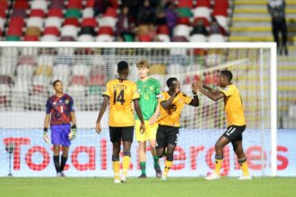 Emmanuel Mwanza of Zambia (L) is congratulated by Linecker Kagiya Mbesuma of Zambia during the 2023 Under 17 African Cup of Nations match between South Africa and Zambia held at the Mohamed Hamlaoui Stadium in Constantine, Algeria on 03 May 2023 © Shaun Roy/BackpagePix