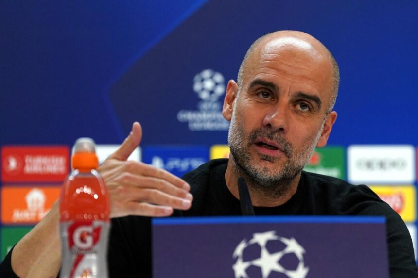 Pep Guardiola during the Champions League pre-press conference. (Picture via Manchester City FC)