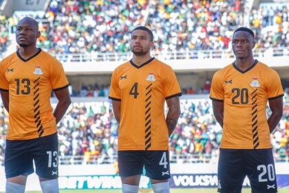 From left to right: Stopilla Sunzu, Frankie Musonda and Patson at the Levy Mwanawansa during the AFCON qualifier match against Ivory Coast in Ndola. (Picture via FAZ Media)