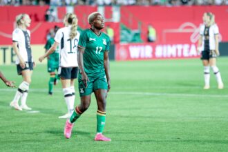 Racheal Kundananji scored the second goal in Zambia's famous 3-2 pre-world cup win over Germany. (Picture via FAZ media)