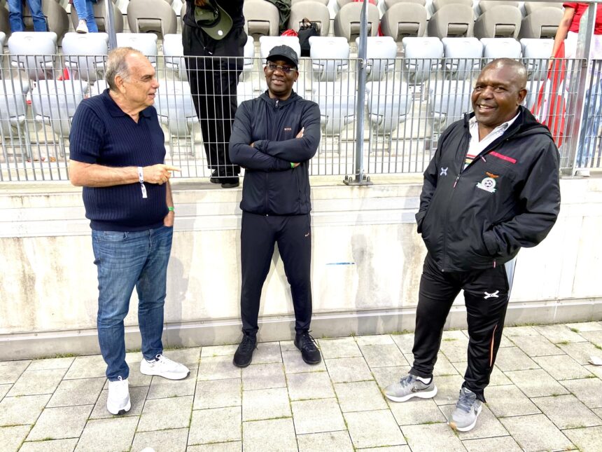 From left to right, Chipolopolo coach Avram Grant, FAZ president Andrew Kamanga, Copper Queens coach, Bruce Mwape. (Picture by FAZ Media)