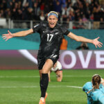 AUCKLAND, NEW ZEALAND - JULY 20: Hannah Wilkinson of New Zealand celebrates after scoring her team's first goal during the FIFA Women's World Cup Australia & New Zealand 2023 Group A match between New Zealand and Norway at Eden Park on July 20, 2023 in Auckland, New Zealand. (Photo by Phil Walter/Getty Images)