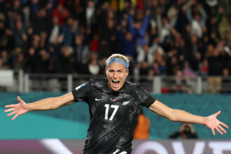 AUCKLAND, NEW ZEALAND - JULY 20: Hannah Wilkinson of New Zealand celebrates after scoring her team's first goal during the FIFA Women's World Cup Australia & New Zealand 2023 Group A match between New Zealand and Norway at Eden Park on July 20, 2023 in Auckland, New Zealand. (Photo by Phil Walter/Getty Images)