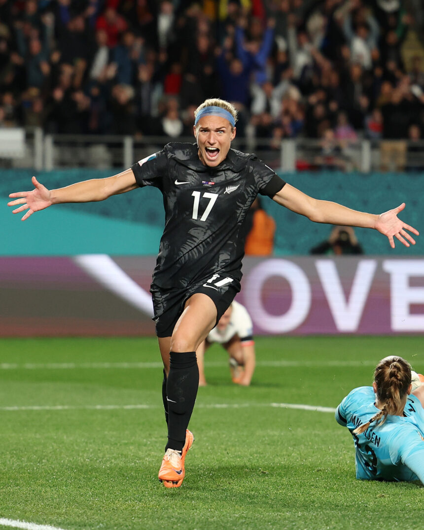 AUCKLAND, NEW ZEALAND - JULY 20: Hannah Wilkinson of New Zealand celebrates after scoring her team's first goal during the FIFA Women's World Cup Australia & New Zealand 2023 Group A match between New Zealand and Norway at Eden Park on July 20, 2023 in Auckland, New Zealand. (Photo by Phil Walter/Getty Images)