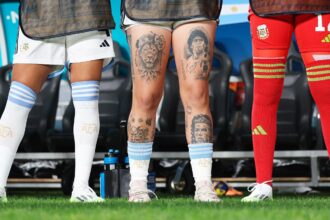 Yamila Rodriguez (tattoo details) of Argentina is seen prior to the FIFA Women's World Cup Australia & New Zealand 2023 Group G match between Italy and Argentina at Eden Park on July 24, 2023 in Auckland / Tāmaki Makaurau, New Zealand. (Photo by Carmen Mandato/Getty Images)