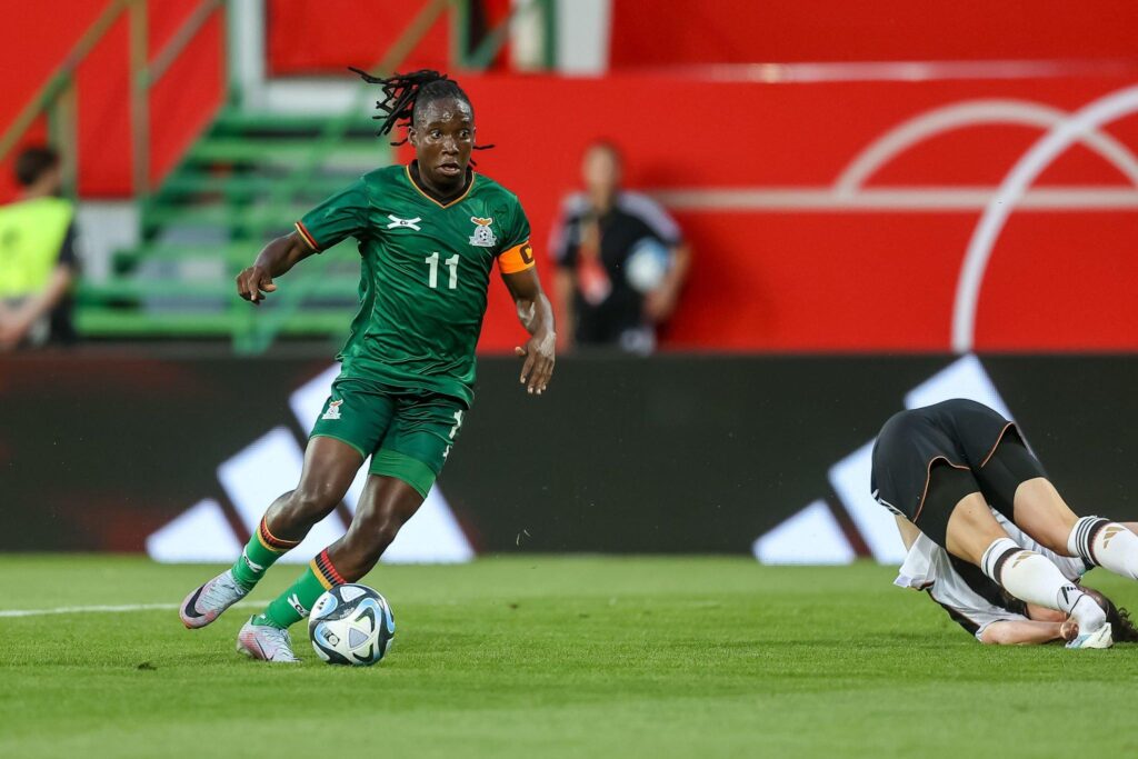 Barbra Banda controls the ball during the Women's international friendly between Germany and Zambia at Sportpark Ronhof Thomas Sommer on July 7, 2023 in Fuerth, Germany. (Photo by Roland Krivec/DeFodi Images via Getty Images)