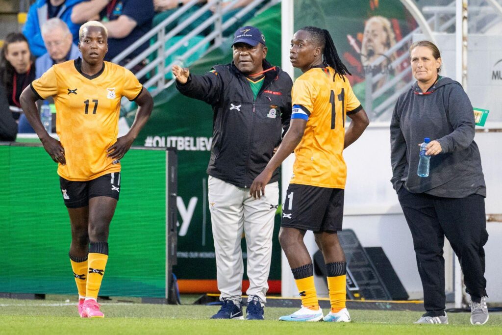 Bruce Mwape with his star strikers Reacheal Kundananji and Barbra Banda on the sideline during the Republic of Ireland WNT v Zambia WNT, International Friendly match in preparation for the FIFA Women's World Cup at Tallaght Stadium on June 22nd, 2023, in Dublin, Ireland. (Photo by Tim Clayton/Corbis via Getty Images)