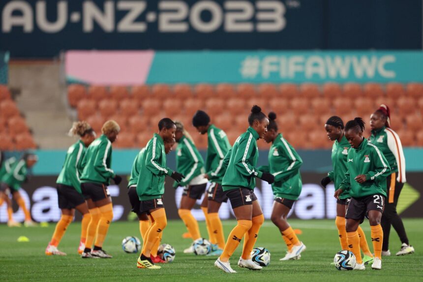 Zambian players warm up prior to the FIFA Women's World Cup Australia & New Zealand 2023 Group C match between Zambia and Japan at Waikato Stadium on July 22, 2023 in Hamilton / Kirikiriroa, New Zealand. (Photo by Maja Hitij - FIFA/FIFA via Getty Images)