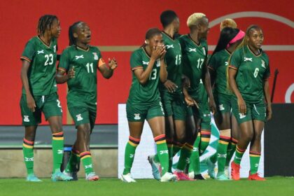 Barbra Banda celebrates the team's first goal with teammates during the Women's international friendly between Germany and Zambia at Sportpark Ronhof Thomas Sommer on July 07, 2023 in Fuerth, Germany. (Photo by Sebastian Widmann/Getty Images)