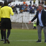 Silver Strikers coach, De Jongh reacts after he was red carded at Kamuzu Banda stadium. (Picture by Bobby Kabango)