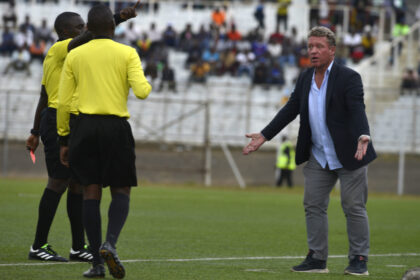 Silver Strikers coach, De Jongh reacts after he was red carded at Kamuzu Banda stadium. (Picture by Bobby Kabango)
