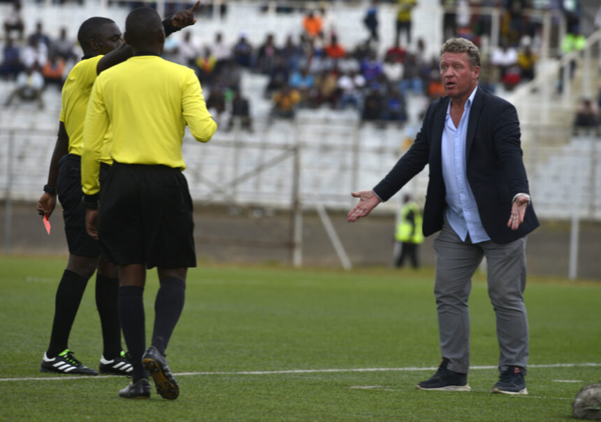 Silver Strikers coach, De Jongh reacts after he was red carded at Kamuzu Banda stadium. (Picture by Bobby Kabango)