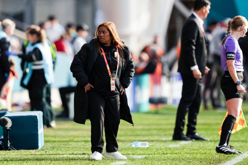 South Africa Head Coach Desiree Ellis during the FIFA Women's World Cup Australia & New Zealand 2023 Group G match between Argentina and South Africa at Dunedin Stadium. (Photo by Daniela Porcelli/Eurasia Sport Images/Getty Images)