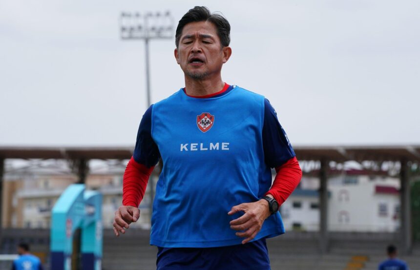 Miura in action during the warm up before the start of the Liga Portugal 2 match between Belenenses SAD and UD Oliveirense at Estadio Municipal de Rio Maior on May 20, 2023 in Rio Maior, Portugal. (Photo by Gualter Fatia/Getty Images)