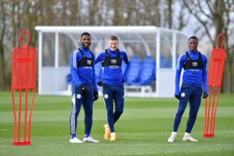 Kelechi Iheanacho,Jamie Vardy and Patson Daka at Leicester City Training Ground. (Photo by Plumb Images/Leicester City FC via Getty Images)