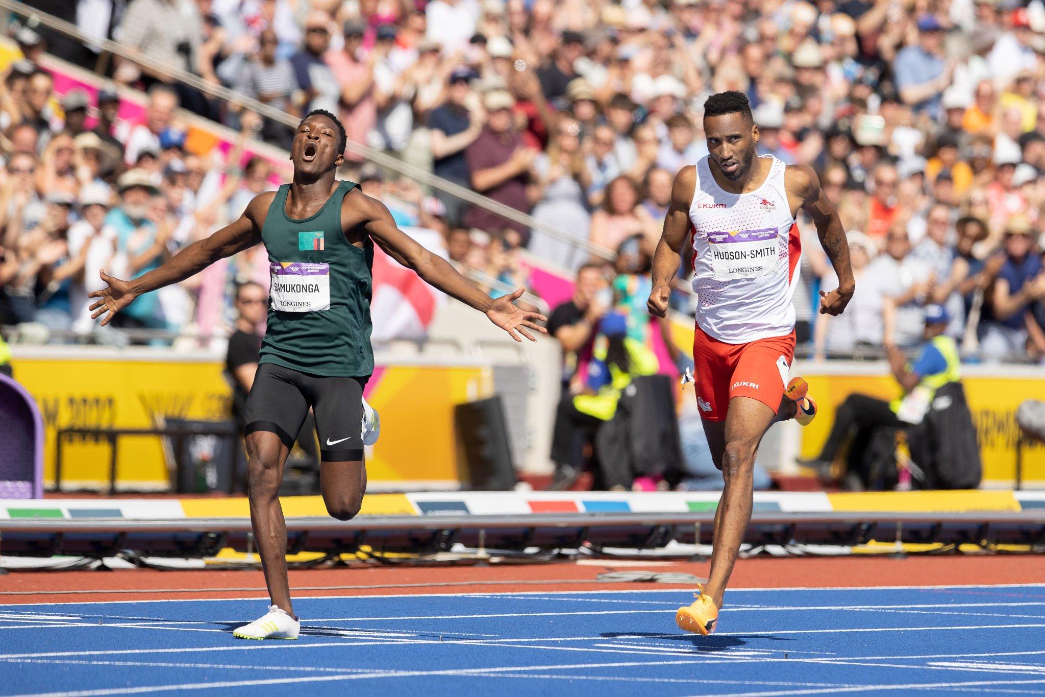 Muzala Samukonga of Zambia finishes in the men's 400m final during Athletics Track & Field on day ten of the Birmingham 2022 Commonwealth Games at Alexander Stadium on August 7, 2022 on the Birmingham, United Kingdom. (Photo by Steve Christo - Corbis/Corbis via Getty Images)