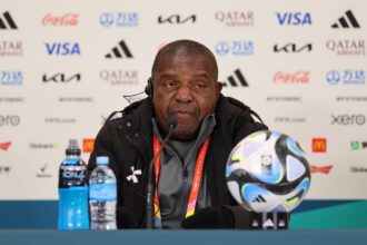 Bruce Mwape speaks to the media in the post match press conference after the FIFA Women's World Cup Australia & New Zealand 2023 Group C match between Spain and Zambia at Eden Park on July 26, 2023 in Auckland / Tāmaki Makaurau, New Zealand. (Photo by Jan Kruger - FIFA/FIFA via Getty Images)