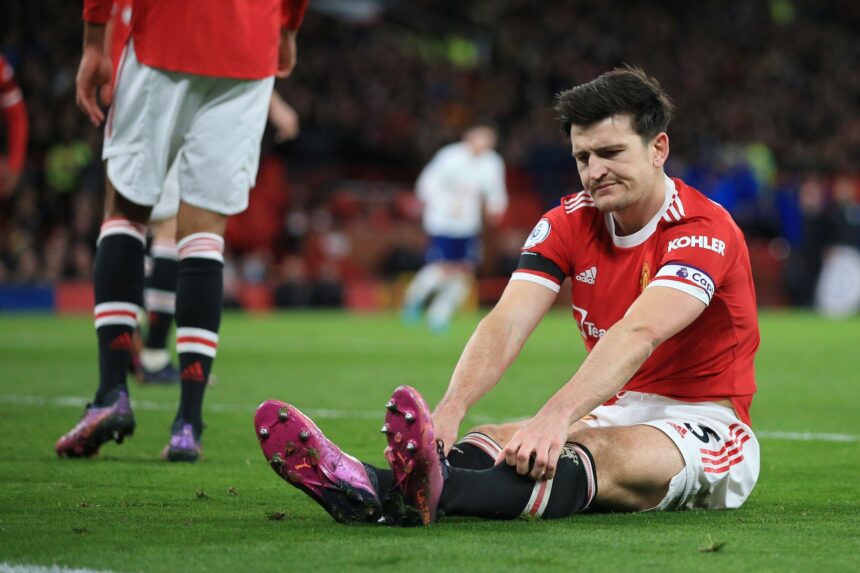 Harry Maguire of Manchester United looks dejected after scoring an own goal during the Premier League match between Manchester United and Tottenham Hotspur at Old Trafford on March 12, 2022 in Manchester, United Kingdom. (Photo by Simon Stacpoole/Offside/Offside via Getty Images)