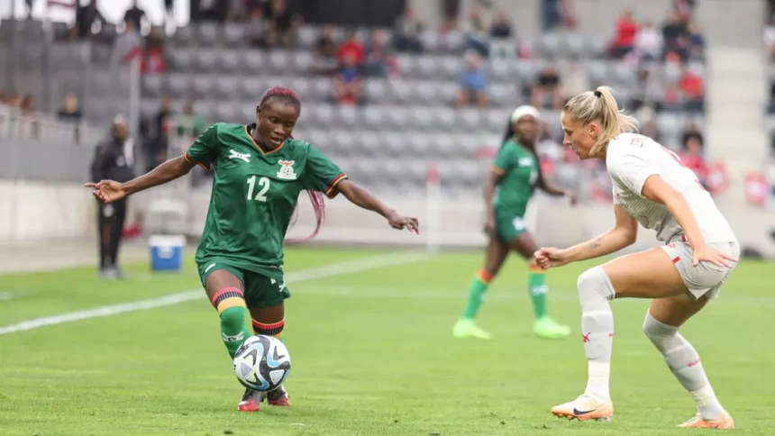 Evarine Susan Katongo in action against Switzerland in a match which ended 3-3 on Friday last week. (Picture by FAZ Media)