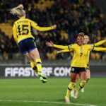 Rebecka Blomqvist (L) of Sweden celebrates with teammates after scoring her team's fifth goal during the FIFA Women's World Cup Australia & New Zealand 2023 Group G match between Sweden and Italy at Wellington Regional Stadium on July 29, 2023 in Wellington, New Zealand. (Photo by Catherine Ivill/Getty Images)