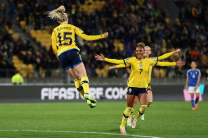 Rebecka Blomqvist (L) of Sweden celebrates with teammates after scoring her team's fifth goal during the FIFA Women's World Cup Australia & New Zealand 2023 Group G match between Sweden and Italy at Wellington Regional Stadium on July 29, 2023 in Wellington, New Zealand. (Photo by Catherine Ivill/Getty Images)