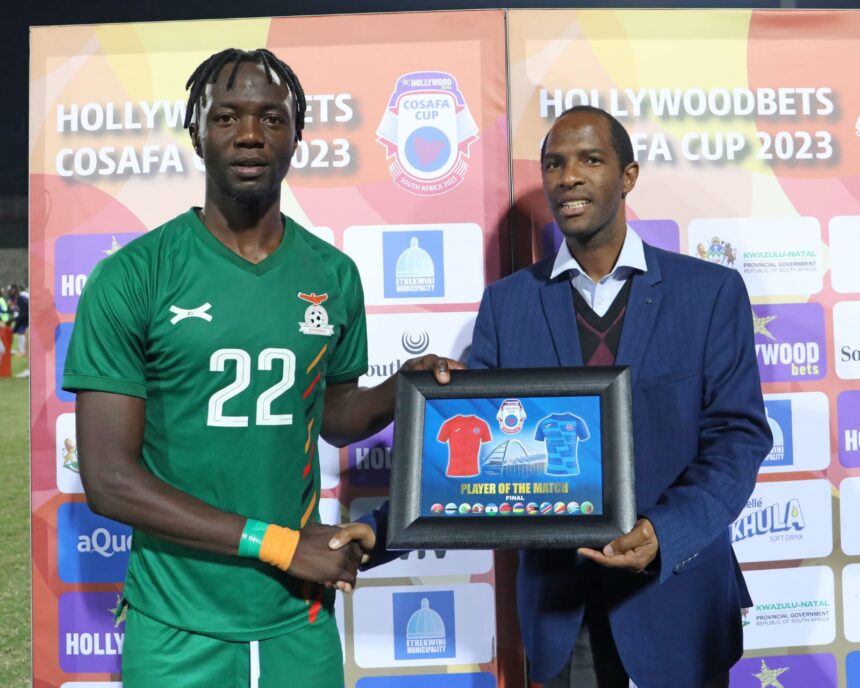 Moyela Lilamba being handed the Player of the match award. (Picture via Cosafa media)