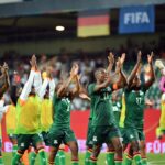 Barbra Banda and teammates of Zambia celebrate after the Women's international friendly between Germany and Zambia at Sportpark Ronhof Thomas Sommer on July 07, 2023 in Fuerth, Germany. (Photo by Sebastian Widmann/Getty Images)