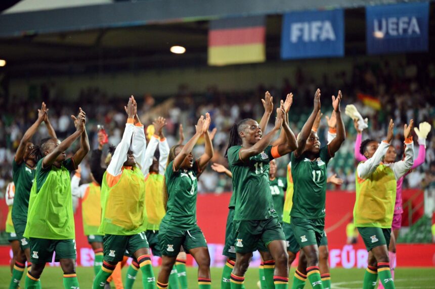 Barbra Banda and teammates of Zambia celebrate after the Women's international friendly between Germany and Zambia at Sportpark Ronhof Thomas Sommer on July 07, 2023 in Fuerth, Germany. (Photo by Sebastian Widmann/Getty Images)