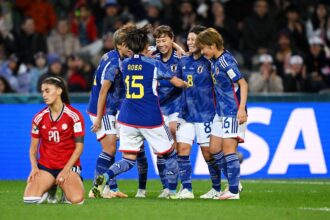 Aoba Fujino (3rd L) of Japan celebrates with teammates after scoring her team's second goal during the FIFA Women's World Cup Australia & New Zealand 2023 Group C match between Japan and Costa Rica at Dunedin Stadium on July 26, 2023 in Dunedin / Ōtepoti, New Zealand. (Photo by Joe Allison - FIFA/FIFA via Getty Images)