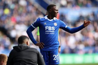 Patson Daka during the Premier League match between Leicester City and AFC Bournemouth at King Power Stadium on April 8, 2023 in Leicester, United Kingdom. (Photo by Plumb Images/Leicester City FC via Getty Images)