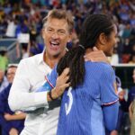 Wendie Renard is congratulated by head coach Herve Renard after the team's 2-1 victory in the FIFA Women's World Cup Australia & New Zealand 2023 Group F match between France and Brazil at Brisbane Stadium on July 29, 2023 in Brisbane, Australia. (Photo by Elsa - FIFA/FIFA via Getty Images)