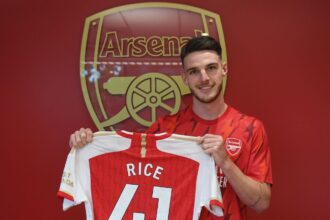 LONDON, ENGLAND - JULY 15: Arsenal unveil new signing Declan Rice at Emirates Stadium on July 15, 2023 in London, England. (Photo by Stuart MacFarlane/Arsenal FC via Getty Images)