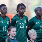 From left to right, Agness Musesa, Ochumba Lubanji and Racheal Kundananji look on prior to the Women's international friendly between Germany and Zambia at Sportpark Ronhof Thomas Sommer on July 7, 2023 in Fuerth, Germany. (Photo by Roland Krivec/DeFodi Images via Getty Images)