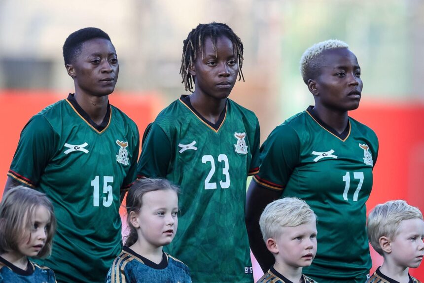 From left to right, Agness Musesa, Ochumba Lubanji and Racheal Kundananji look on prior to the Women's international friendly between Germany and Zambia at Sportpark Ronhof Thomas Sommer on July 7, 2023 in Fuerth, Germany. (Photo by Roland Krivec/DeFodi Images via Getty Images)