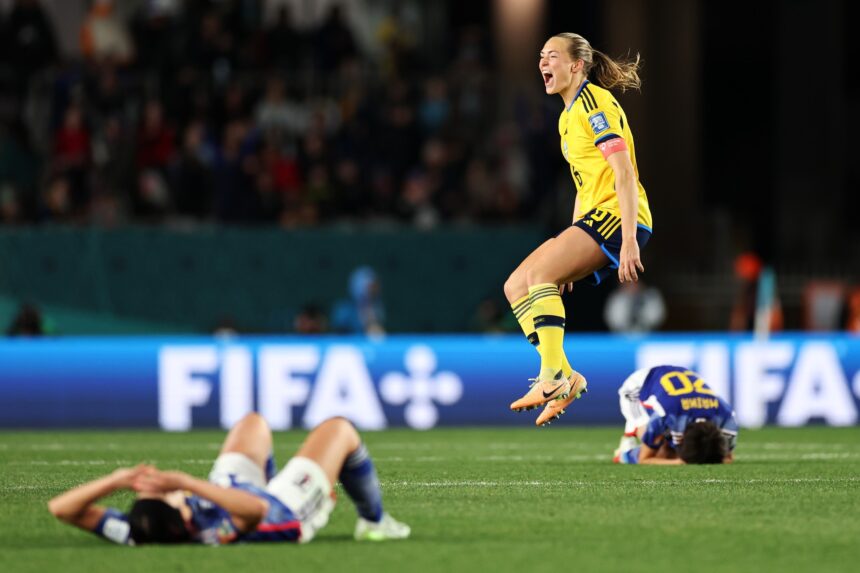 Magdalena Eriksson of Sweden celebrates her team's 2-1 victory and advance to the semi final following the FIFA Women's World Cup Australia & New Zealand 2023 Quarter Final match between Japan and Sweden at Eden Park on August 11, 2023 in Auckland, New Zealand. (Photo by Buda Mendes/Getty Images)