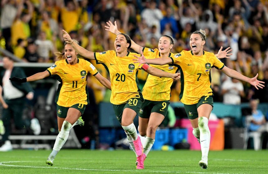 Mary Fowler, Sam Kerr, Caitlin Foord and Steph Catley of Australia celebrate the team’s victory through the penalty shoot out following the FIFA Women's World Cup Australia & New Zealand 2023 Quarter Final match between Australia and France at Brisbane Stadium on August 12, 2023 in Brisbane, Australia. (Photo by Bradley Kanaris/Getty Images)