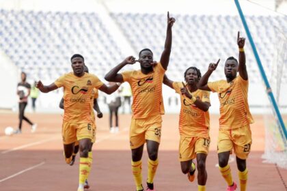 Andy Boyeli celebrates his goal with teammates at the Levy Mwanawansa satdium in Ndola during Power Dynamos Vs African Stars CAF Champions League match. (Picture via Power Dynamos media)