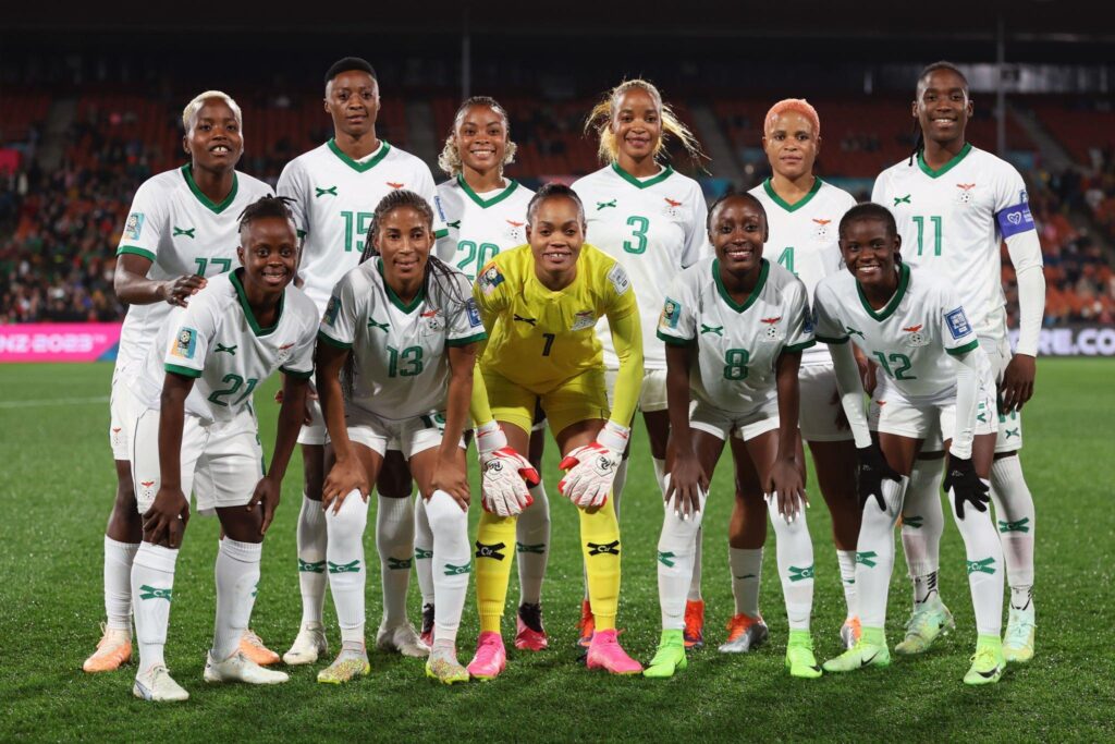 Zambian players pose for a team photo prior to the FIFA Women's World Cup Australia & New Zealand 2023 Group C match between Costa Rica and Zambia at Waikato Stadium on July 31, 2023 in Hamilton / Kirikiriroa, New Zealand. (Photo by Buda Mendes/ Getty Images)