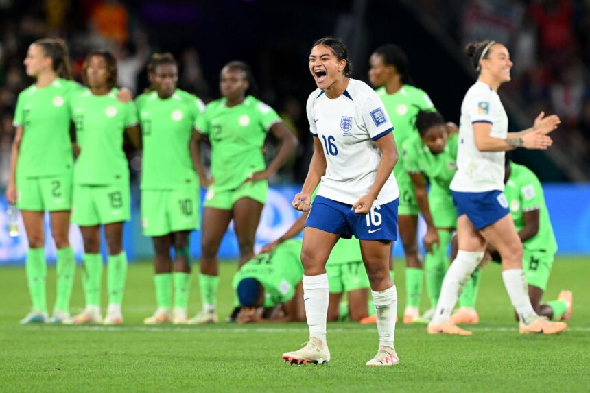 Jessica Carter of England celebrates her team's victory through the penalty shoot out in the FIFA Women's World Cup Australia & New Zealand 2023 Round of 16 match between England and Nigeria at Brisbane Stadium on August 07, 2023 in Brisbane, Australia. (Photo by Bradley Kanaris/Getty Images)