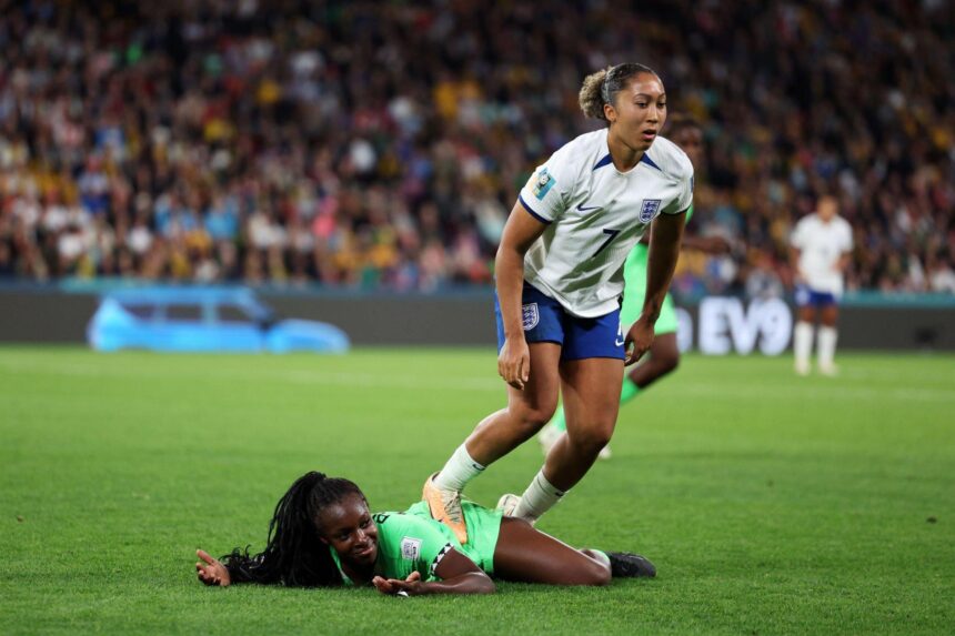 Lauren James stamps on Michelle Alozie. (Photo by Elsa - FIFA/FIFA via Getty Images)