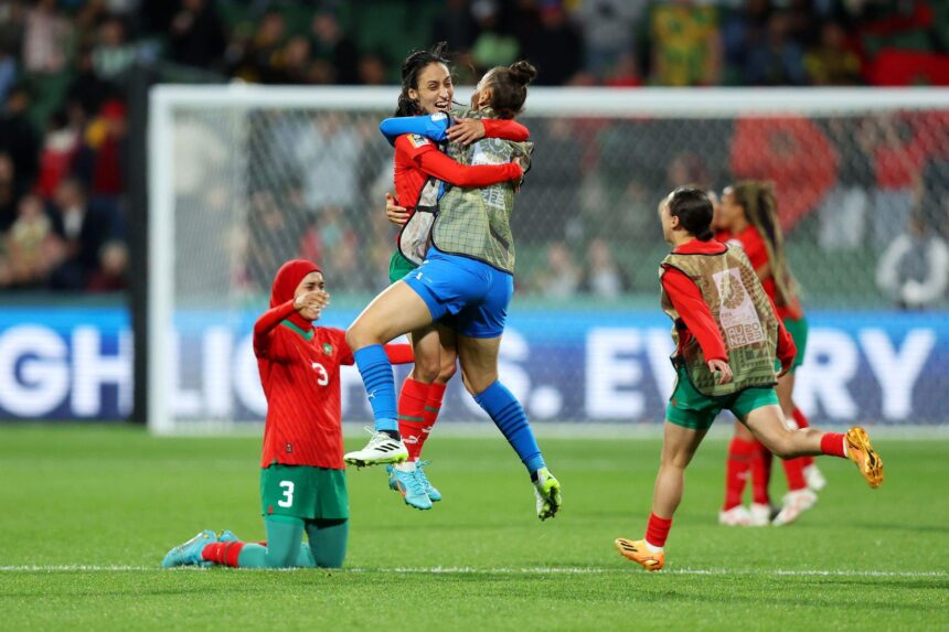 Morocco players celebrate advancing to the knock out stage after the 1-0 victory in the FIFA Women's World Cup Australia & New Zealand 2023 Group H match between Morocco and Colombia at Perth Rectangular Stadium on August 03, 2023 in Perth, Australia. (Photo by Paul Kane/Getty Images)