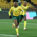 Thembi Kgatlana celebrates scoring her team's third goal during the Australia and New Zealand 2023 Women's World Cup Group G football match between South Africa and Italy at Wellington Stadium in Wellington on August 2, 2023. (Photo by Marty MELVILLE / AFP) (Photo by MARTY MELVILLE/AFP via Getty Images)