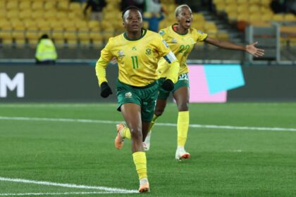 Thembi Kgatlana celebrates scoring her team's third goal during the Australia and New Zealand 2023 Women's World Cup Group G football match between South Africa and Italy at Wellington Stadium in Wellington on August 2, 2023. (Photo by Marty MELVILLE / AFP) (Photo by MARTY MELVILLE/AFP via Getty Images)